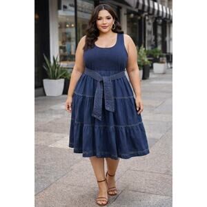 Tahari XL Shift Midi Dress Tiered Navy Blue Cotton Belted Vacation Sleeveless